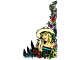 Girl holding a flower with a decorative corner of flowers